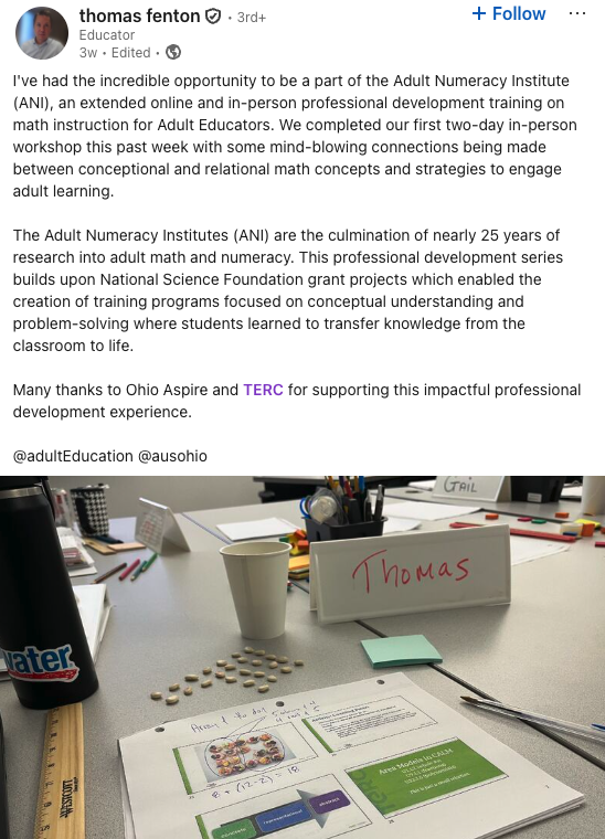 Workshop table with math learning materials, ruler, beans for counting, and a name card reading “Thomas” during an Adult Numeracy Institute training.