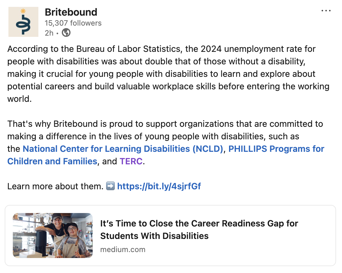 LinkedIn post highlighting higher unemployment rates for people with disabilities and promoting career readiness support for youth.