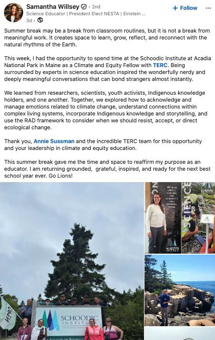 LinkedIn post about the Climate and Equity Institute showing photos of educators in Acadia, ME.