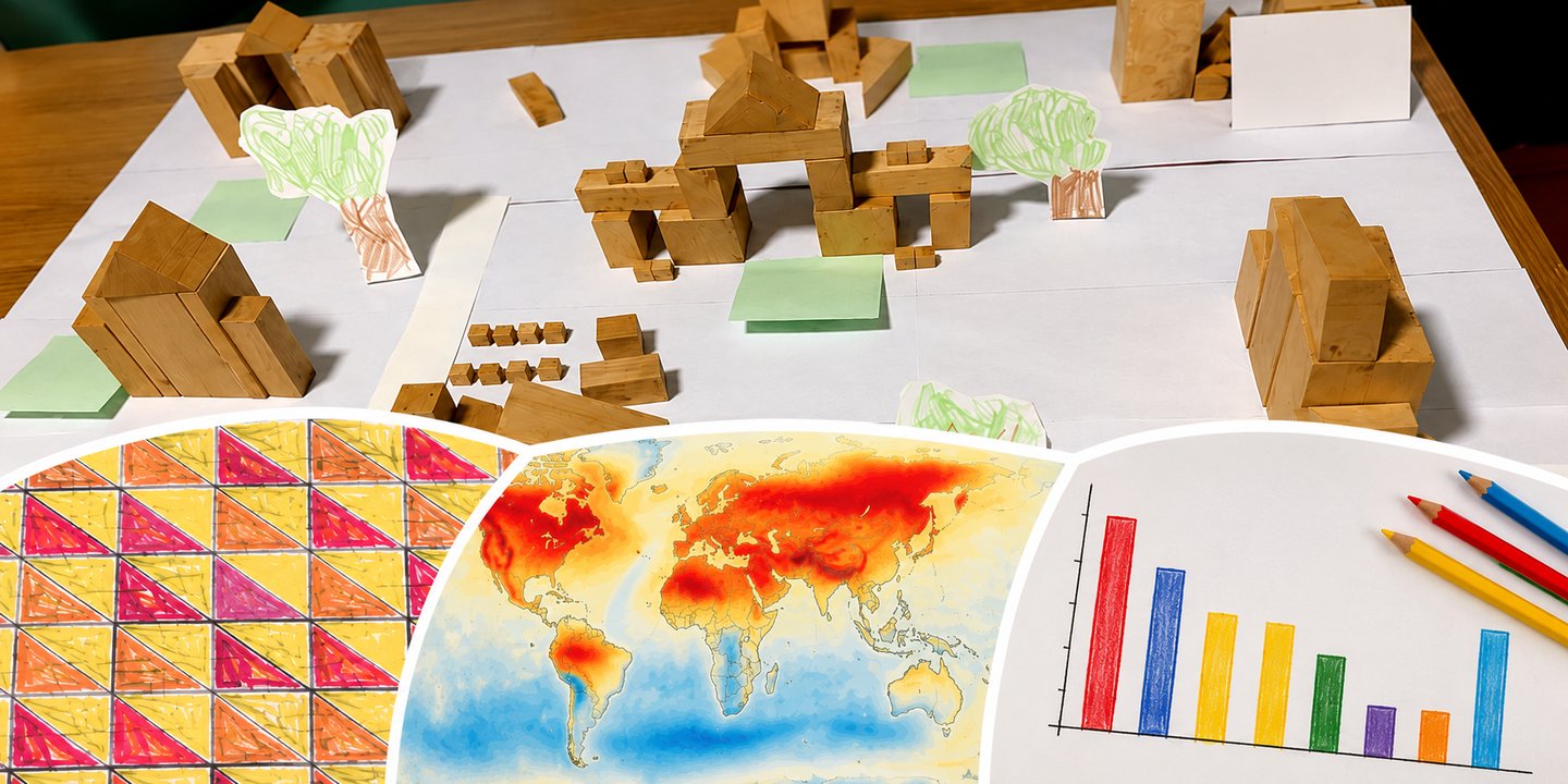 Collage of student-created math projects, including quilts, block buildings, and data visualizations.