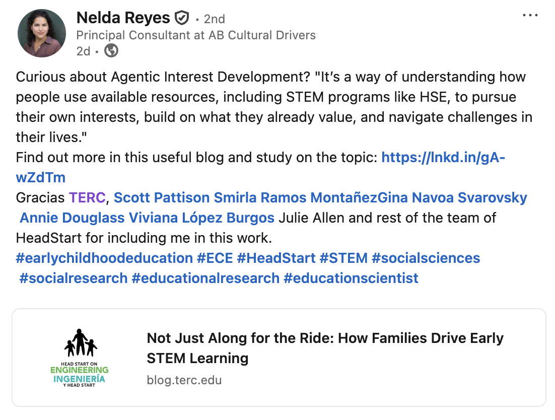 LinkedIn post sharing a TERC blog on how families support early STEM learning through Head Start on Engineering and agentic interest development.