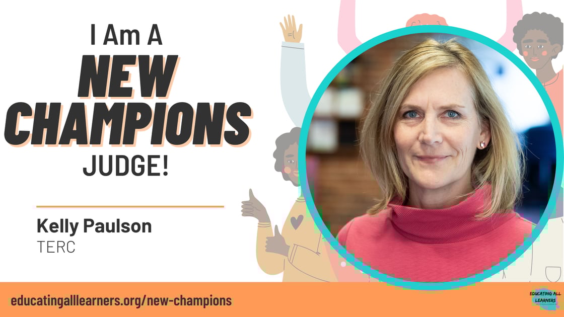 Promotional graphic featuring Kelly Paulson of TERC as New Champions judge portrait with illustrated background.