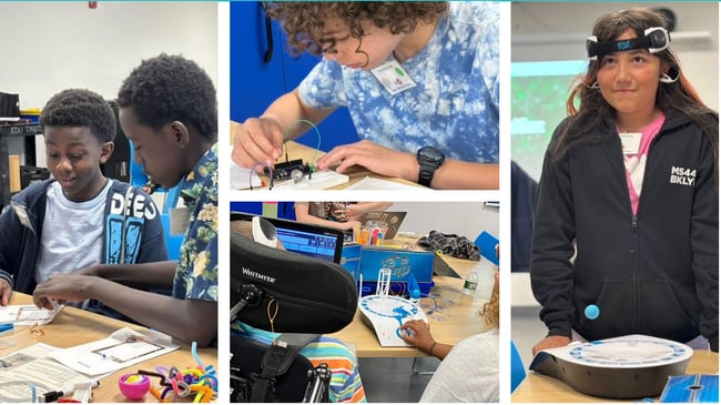 Students collaborating on hands-on electronics and STEM activities in a classroom.