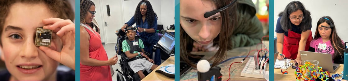 Close-up and group scenes of students using circuits and assistive tech devices.