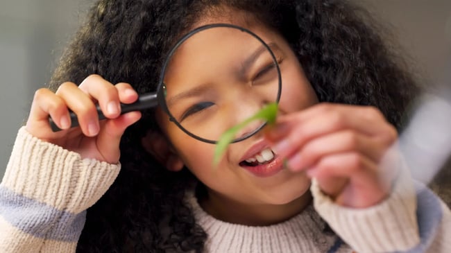 Child using magnifying class to look at a leaf.